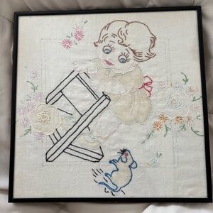 Antique embroidered artwork girl and mouse in frame wall decor home handmade